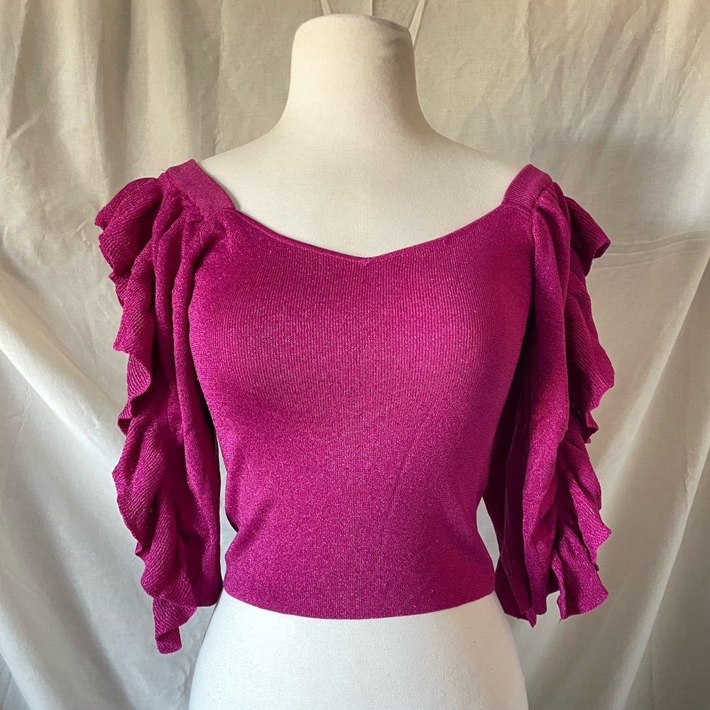 ZARA Sparkly Knit Ruffle Sleeve Sweater Top sz S/M NWT